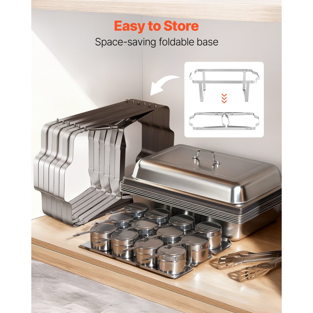 VEVOR Rectangle Chafing Dish, 9 Qt 6 Pack Stainless Steel Chafing Dish, Food Warmer Chafer Complete Set with Hollow Handle, 3 Food Tongs, Lid, Fuel Holder, Chafer Dishes for Banquet Party Wedding