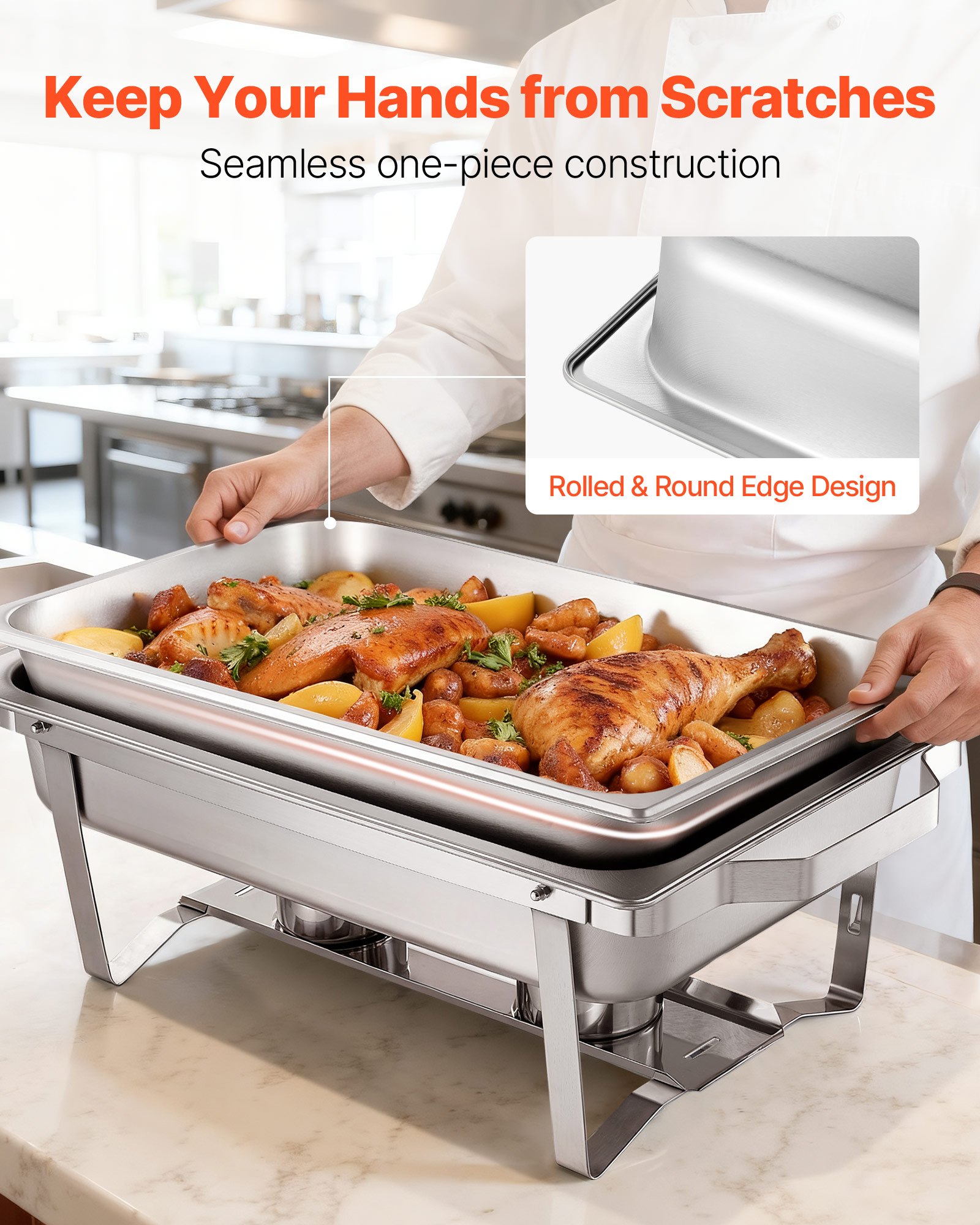 VEVOR Rectangle Chafing Dish, 9 Qt 6 Pack Stainless Steel Chafing Dish, Food Warmer Chafer Complete Set with Hollow Handle, 3 Food Tongs, Lid, Fuel Holder, Chafer Dishes for Banquet Party Wedding