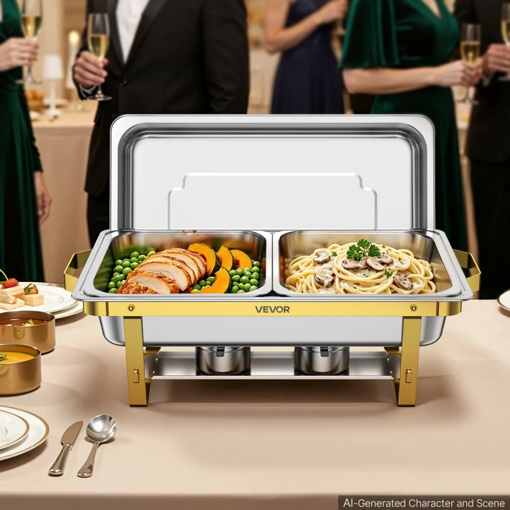 VEVOR Chafing Dish Set van 2, elk 8,52 liter, roestvrijstalen warmhoudschalen, ideaal voor bruiloften, feesten en banketten, 1 schaal van normaal formaat en 2 schalen van half formaat, serveertang, glazen kom