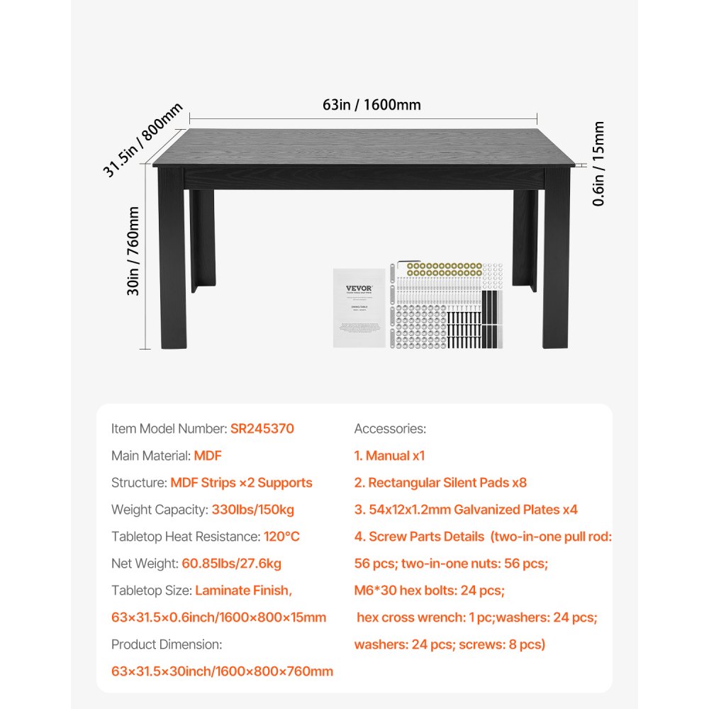 VEVOR Rechthoekige eettafel, houten keukentafel (160 cm / 150 kg draagvermogen) voor 4-6 personen, eetkamermeubilair, vergadertafel voor thuis, keuken, woonkamer, bruin (alleen tafel)