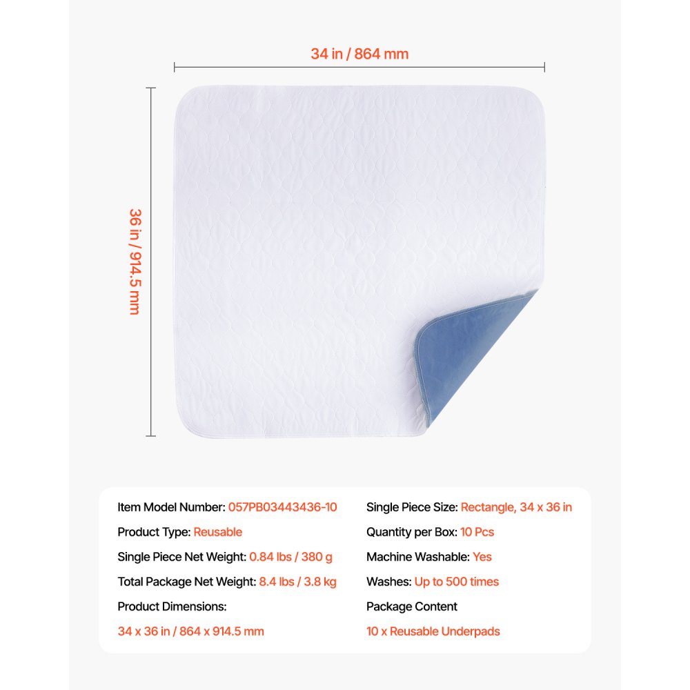 VEVOR Incontinentiepads, 864 x 914,5 mm, herbruikbare bedpads, superabsorberend en snel drogend, voor huisdieren, volwassenen, kinderen en ouderen (10 stuks)