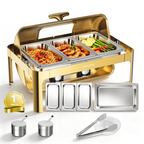 VEVOR Chafing Dish Set 12,3 L Roestvrijstalen Warmhoudschalen Buffetten 1 Stuk voor Bruiloften & Feesten, Transparant Roldeksel met 90°/180° Opening, 1 Grote en 3 Kleinere Schalen, Tang, Glazen Kom