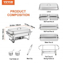 VEVOR Chafing Dish Buffet Set, 8 Qt 2 Pack, Stainless Chafer with 2 Full & 4 Half Size Pans, Rectangle Catering Warmer Server with Lid Water Pan Folding Stand Fuel Tray Holder Clip, at Least 8 People