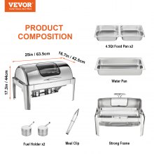 VEVOR Roll Top Chafing Dish Buffet Set, 9 Qt, Stainless Steel Chafer with 2 Half Size Pans, Rectangle Catering Warmer Server with Visible Lid Water Pan Stand Fuel Holder Clip, for at Least 9 People