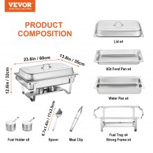VEVOR Chafing Dish Buffet Set, 8 Qt 4 Pack, Stainless Chafer with 4 Full Size Pans, Rectangle Catering Warmer Server with Lid Water Pan Folding Stand Fuel Tray Holder Spoon Clip, at Least 8 People