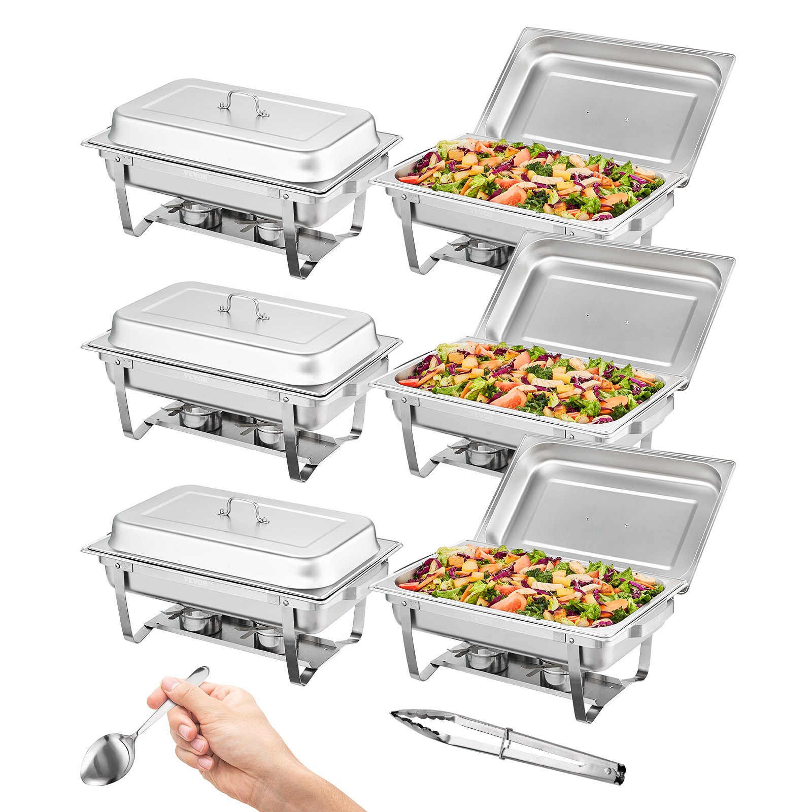 VEVOR 6-delige chafing dish professionele set, roestvrijstalen buffetset, rechthoekig, 6 x 7,5 l, warmhoudlade 53 x 32,5 x 6,5 cm. Elke schaal is geschikt voor buffetten, familiefeesten, banketten, bruiloften, enz.