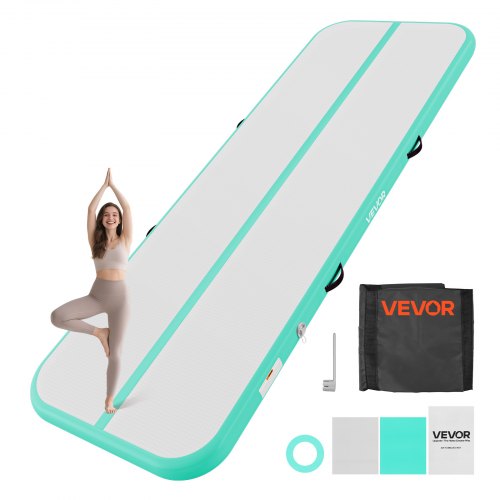 VEVOR Opblaasbare gymnastiekmat 300x100x10 cm Airtrack gymnastiekmat voor training, wedstrijden en yoga, met antislipoppervlak, 600W elektrische luchtpomp, reparatiepatch, mondstukken en tas, mintgroen