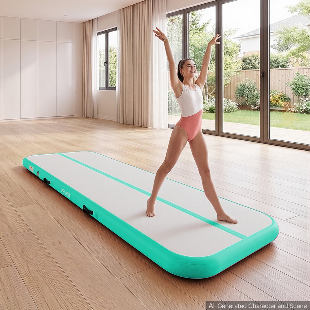 VEVOR Opblaasbare gymnastiekmat 300x100x10 cm Airtrack gymnastiekmat voor training, wedstrijden en yoga, met antislipoppervlak, 600W elektrische luchtpomp, reparatiepatch, mondstukken en tas, mintgroen