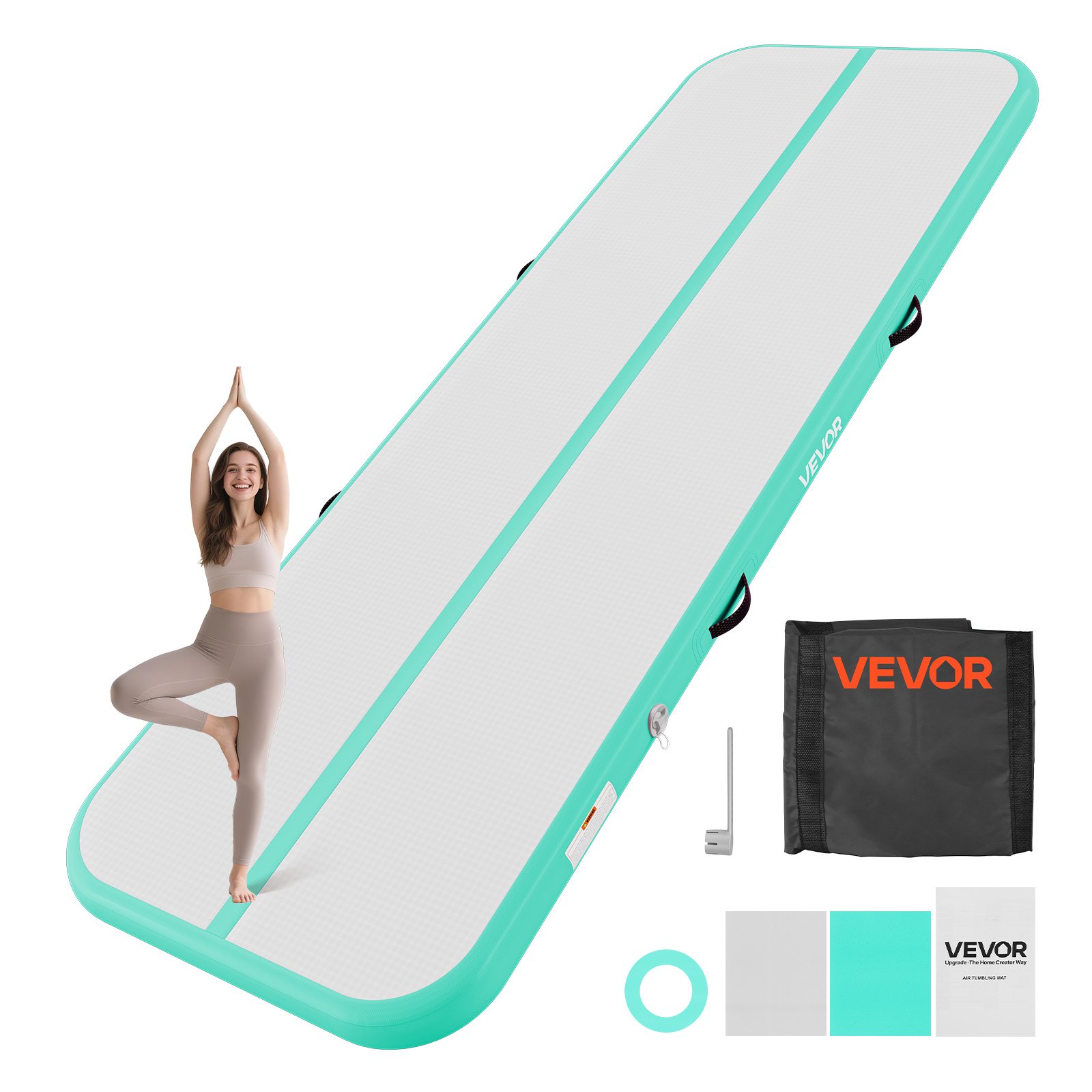 VEVOR Opblaasbare gymnastiekmat 300x100x10 cm Airtrack gymnastiekmat voor training, wedstrijden en yoga, met antislipoppervlak, 600W elektrische luchtpomp, reparatiepatch, mondstukken en tas, mintgroen