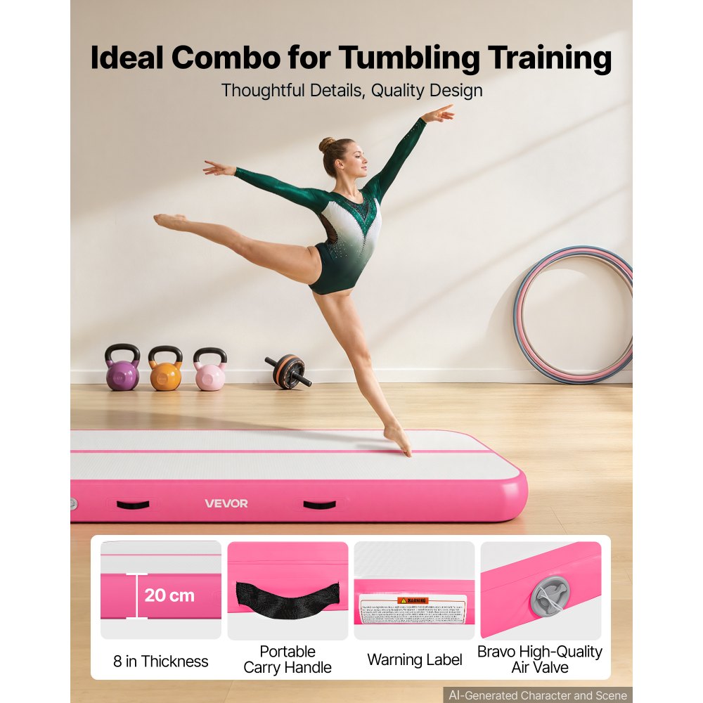 VEVOR Opblaasbare gymnastiekmat 300x100x20 cm Airtrack gymnastiekmat voor training, wedstrijden en yoga, met antislipoppervlak, 600W elektrische luchtpomp, reparatiepatch, mondstukken en tas, roze