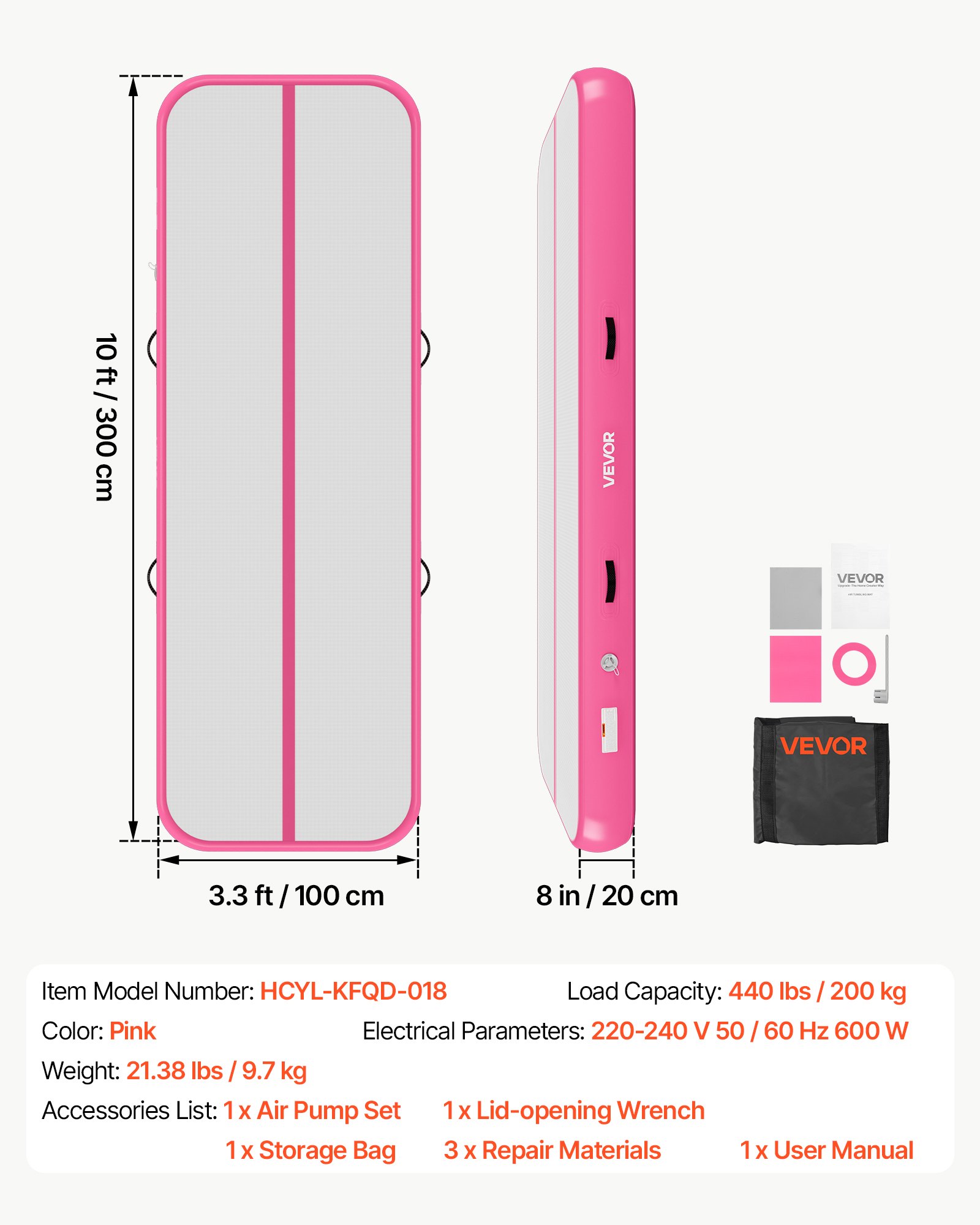 VEVOR Opblaasbare gymnastiekmat 300x100x20 cm Airtrack gymnastiekmat voor training, wedstrijden en yoga, met antislipoppervlak, 600W elektrische luchtpomp, reparatiepatch, mondstukken en tas, roze
