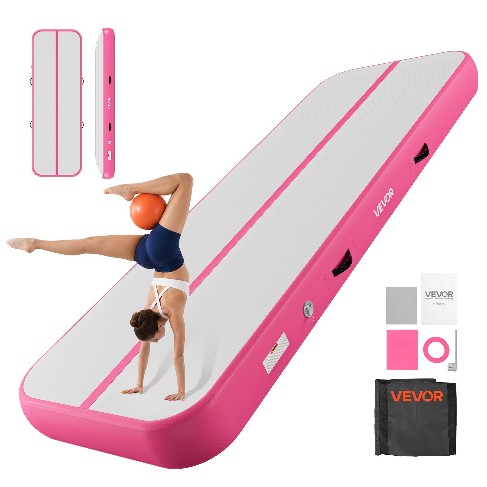 VEVOR Opblaasbare gymnastiekmat 300x100x20 cm Airtrack gymnastiekmat voor training, wedstrijden en yoga, met antislipoppervlak, 600W elektrische luchtpomp, reparatiepatch, mondstukken en tas, roze