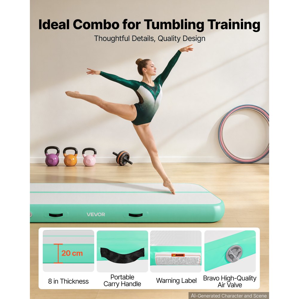 VEVOR Opblaasbare gymnastiekmat 300x100x20 cm Airtrack gymnastiekmat voor training, wedstrijdsporten en yoga, met antislipoppervlak, 600W elektrische luchtpomp, reparatiepatch, mondstukken en tas, mintgroen