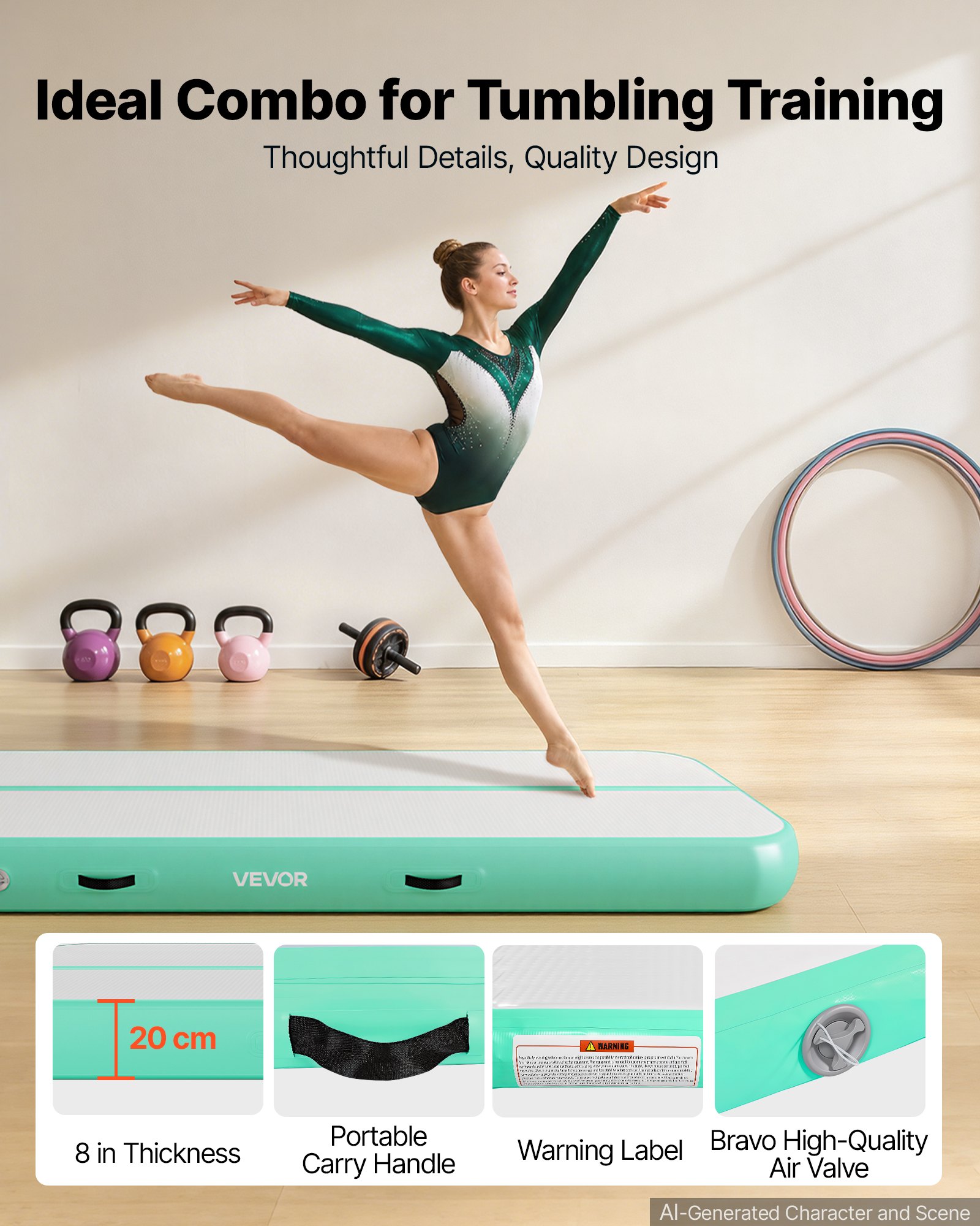 VEVOR Opblaasbare gymnastiekmat 300x100x20 cm Airtrack gymnastiekmat voor training, wedstrijdsporten en yoga, met antislipoppervlak, 600W elektrische luchtpomp, reparatiepatch, mondstukken en tas, mintgroen