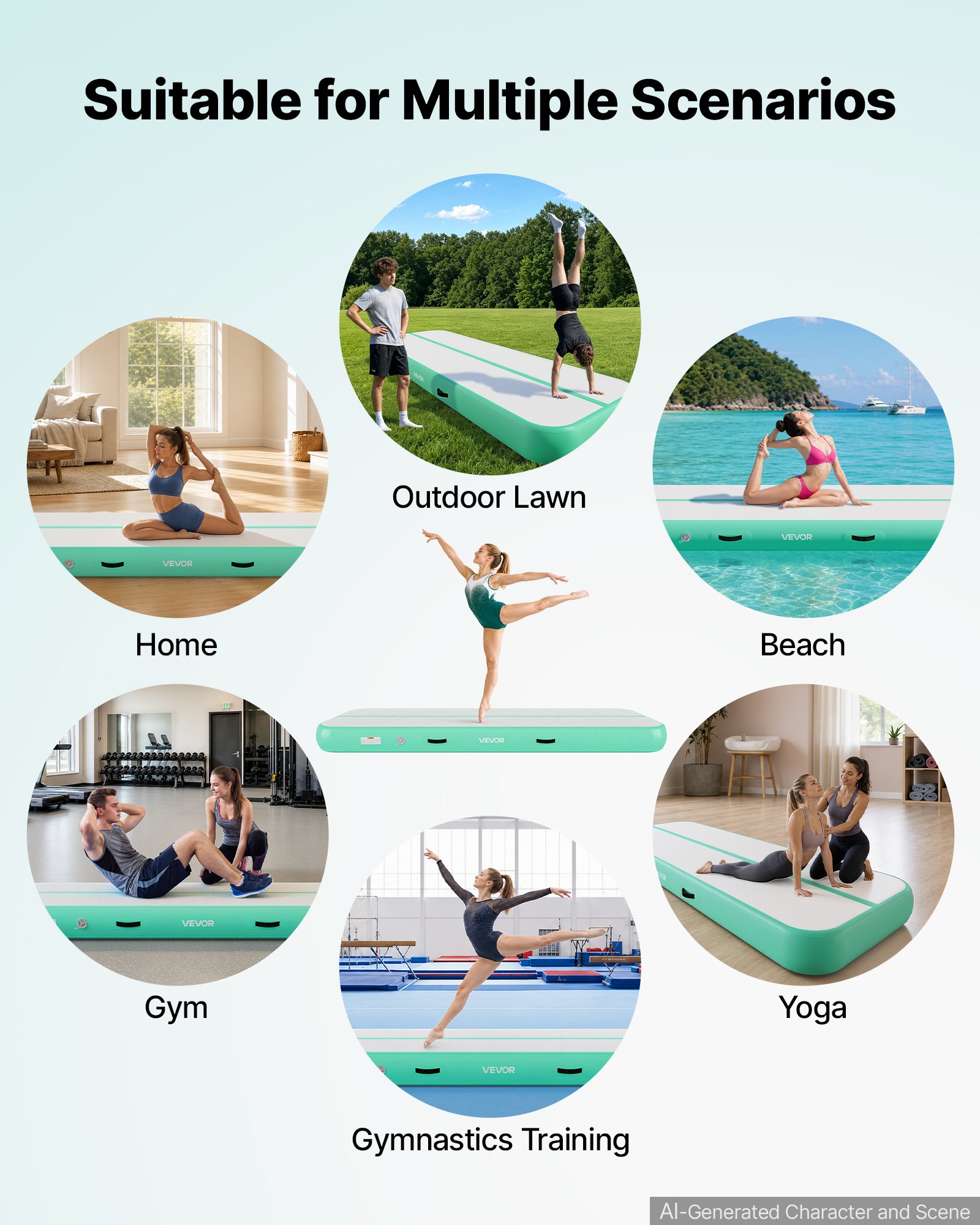 VEVOR Opblaasbare gymnastiekmat 300x100x20 cm Airtrack gymnastiekmat voor training, wedstrijdsporten en yoga, met antislipoppervlak, 600W elektrische luchtpomp, reparatiepatch, mondstukken en tas, mintgroen