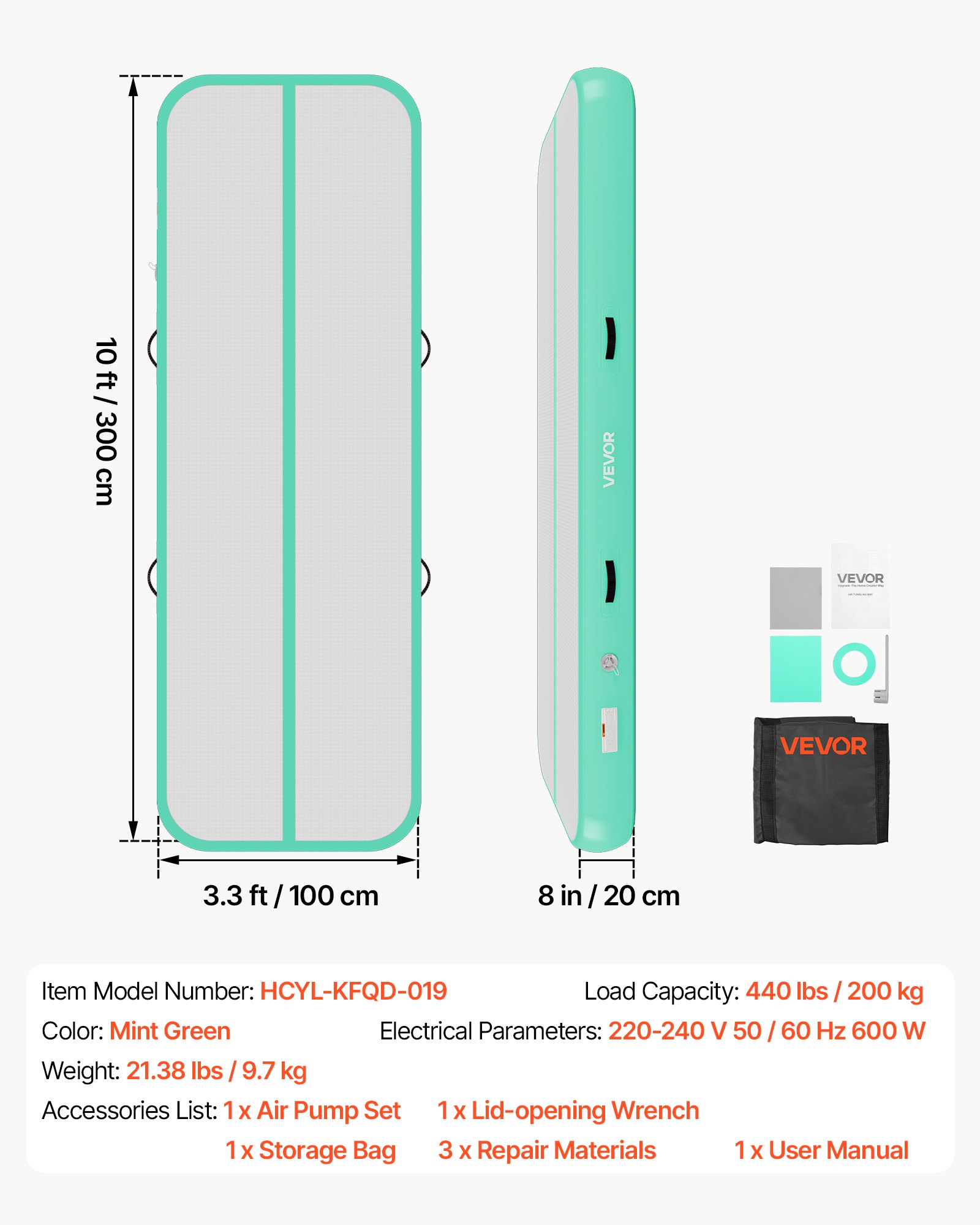 VEVOR Opblaasbare gymnastiekmat 300x100x20 cm Airtrack gymnastiekmat voor training, wedstrijdsporten en yoga, met antislipoppervlak, 600W elektrische luchtpomp, reparatiepatch, mondstukken en tas, mintgroen