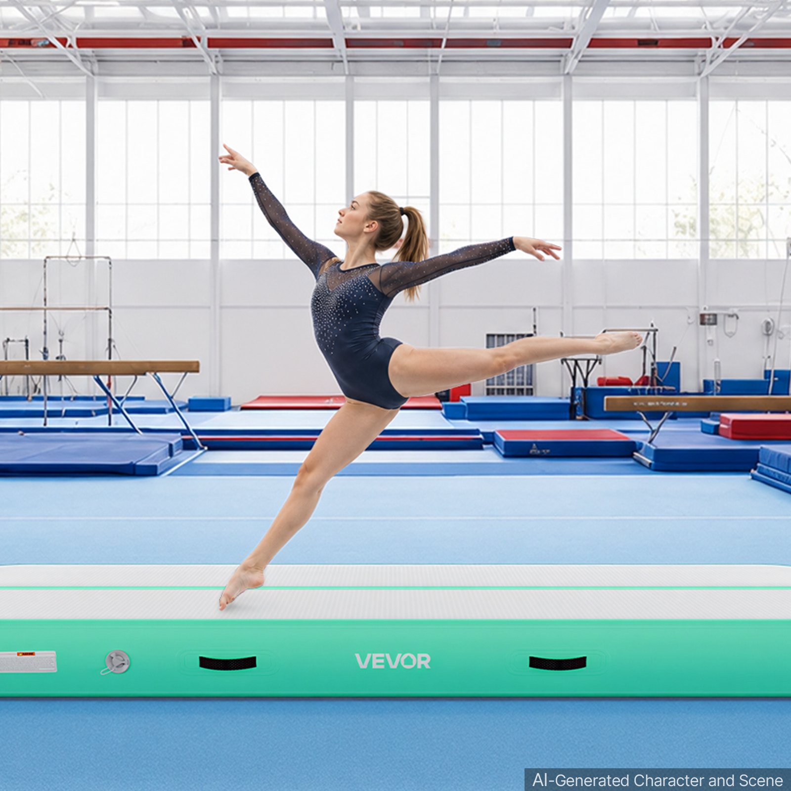 VEVOR Opblaasbare gymnastiekmat 300x100x20 cm Airtrack gymnastiekmat voor training, wedstrijdsporten en yoga, met antislipoppervlak, 600W elektrische luchtpomp, reparatiepatch, mondstukken en tas, mintgroen