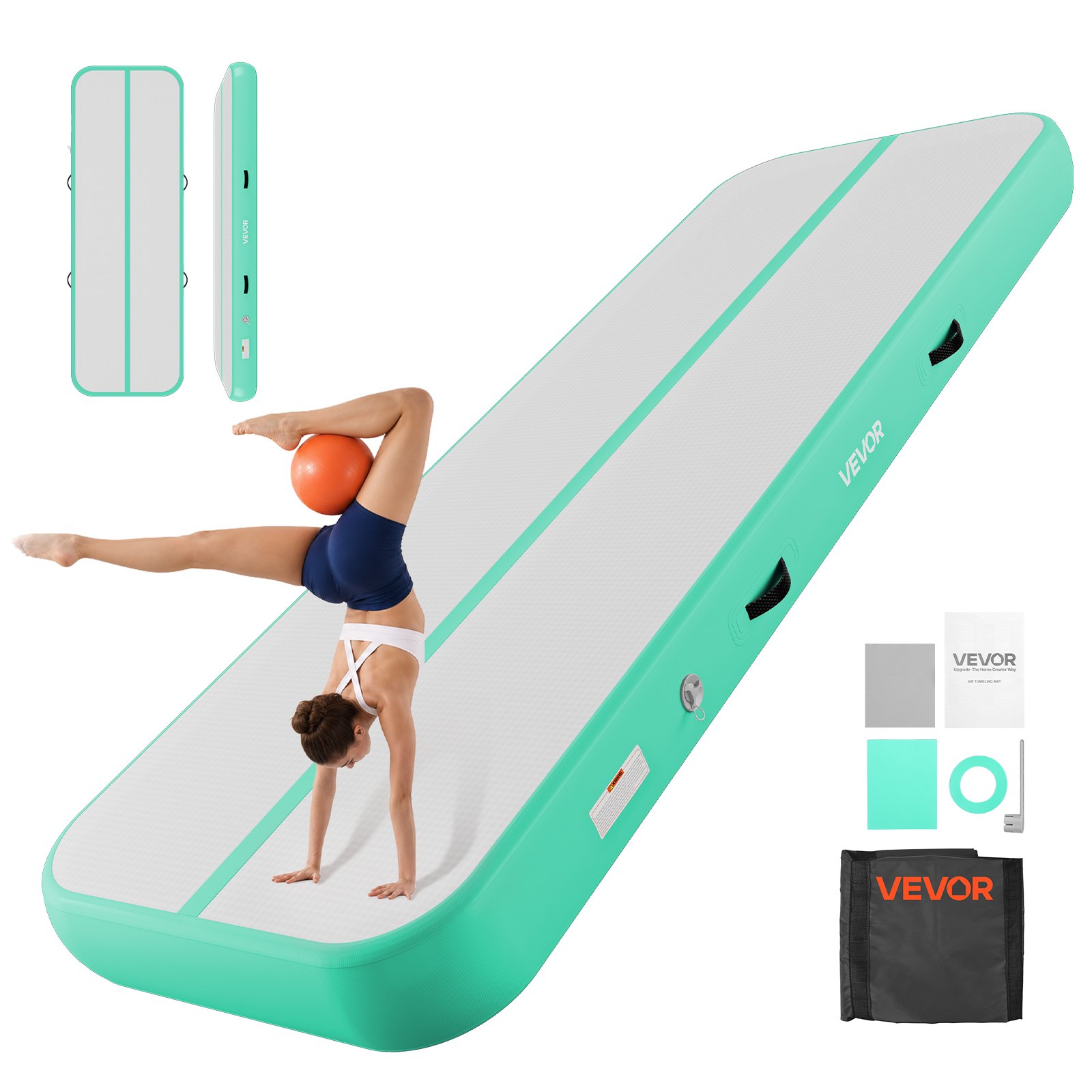 VEVOR Opblaasbare gymnastiekmat 300x100x20 cm Airtrack gymnastiekmat voor training, wedstrijdsporten en yoga, met antislipoppervlak, 600W elektrische luchtpomp, reparatiepatch, mondstukken en tas, mintgroen