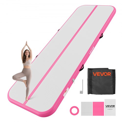 VEVOR Opblaasbare gymnastiekmat 300x100x10 cm Airtrack gymnastiekmat voor training, wedstrijdsporten en yoga, met antislipoppervlak, 600W elektrische luchtpomp, reparatiepatch, mondstukken en tas, roze