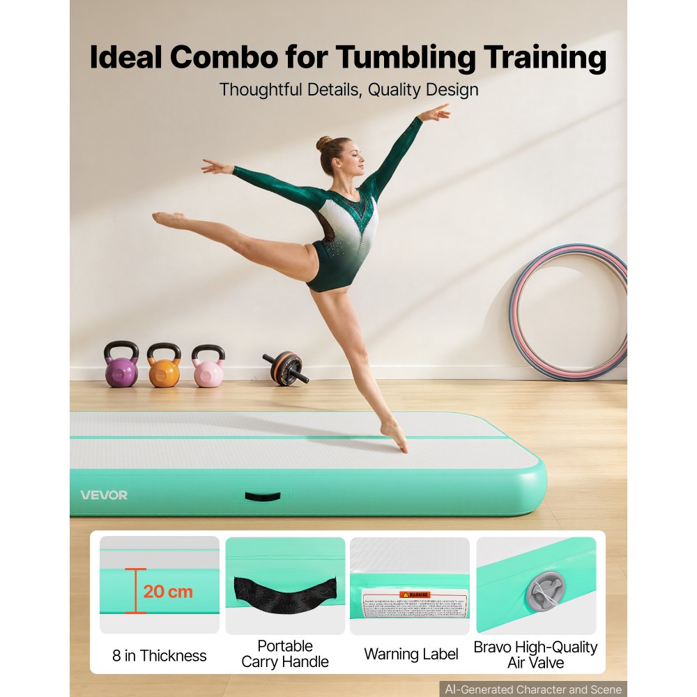 VEVOR Opblaasbare gymnastiekmat 400x100x20 cm Airtrack gymnastiekmat voor training, wedstrijden en yoga, met antislipoppervlak, 600W elektrische luchtpomp, reparatiepatch, mondstukken en tas, mintgroen