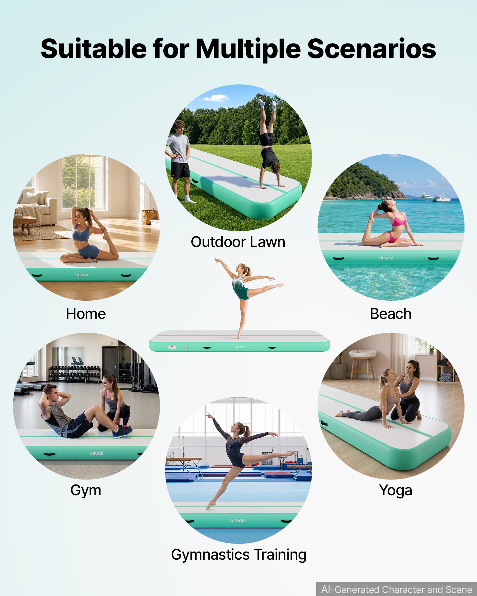 VEVOR Opblaasbare gymnastiekmat 400x100x20 cm Airtrack gymnastiekmat voor training, wedstrijden en yoga, met antislipoppervlak, 600W elektrische luchtpomp, reparatiepatch, mondstukken en tas, mintgroen