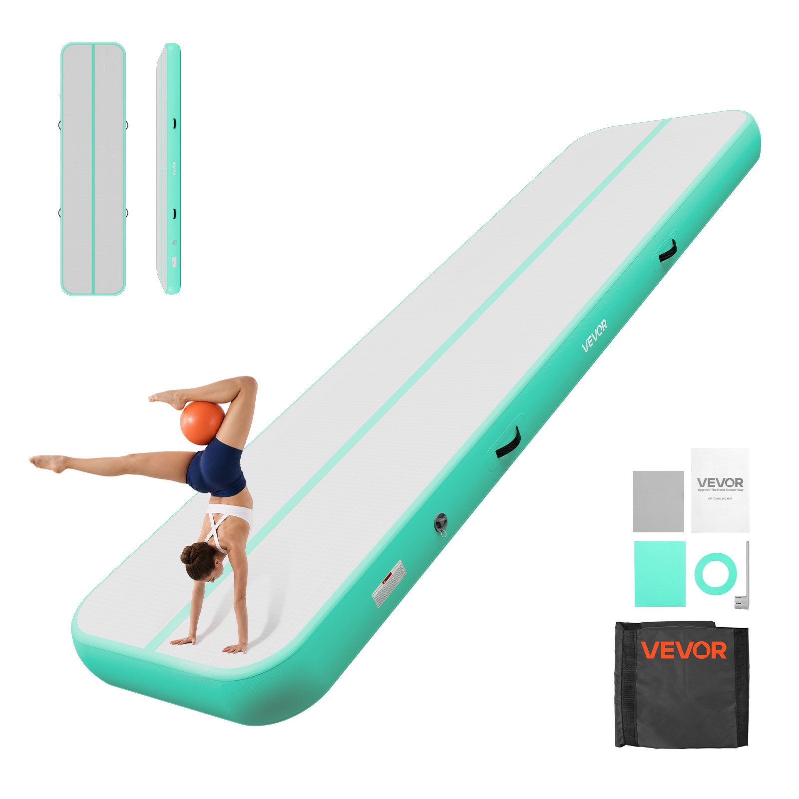 VEVOR Opblaasbare gymnastiekmat 400x100x20 cm Airtrack gymnastiekmat voor training, wedstrijden en yoga, met antislipoppervlak, 600W elektrische luchtpomp, reparatiepatch, mondstukken en tas, mintgroen