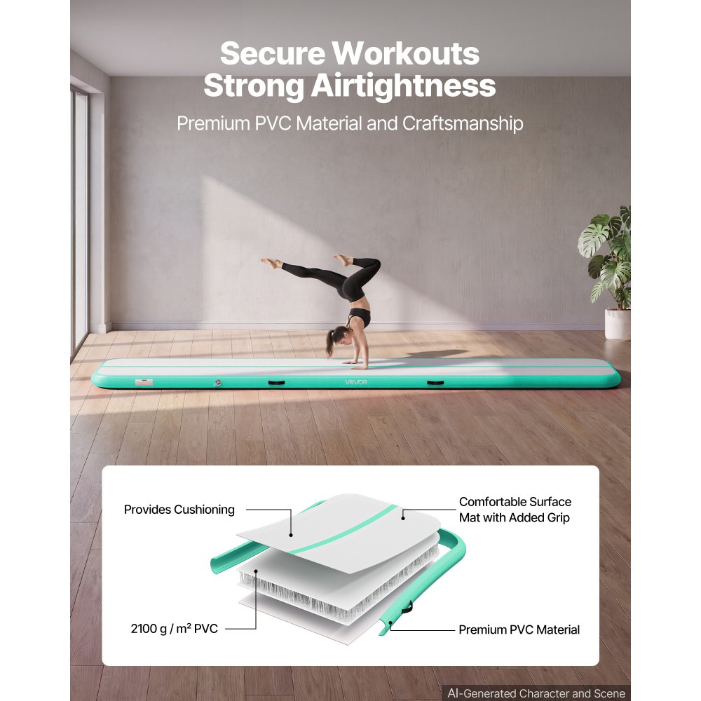 VEVOR Opblaasbare gymnastiekmat 500x100x10 cm Airtrack gymnastiekmat voor training, wedstrijden en yoga, met antislipoppervlak, 600W elektrische luchtpomp, reparatiepatch, mondstukken en tas, mintgroen