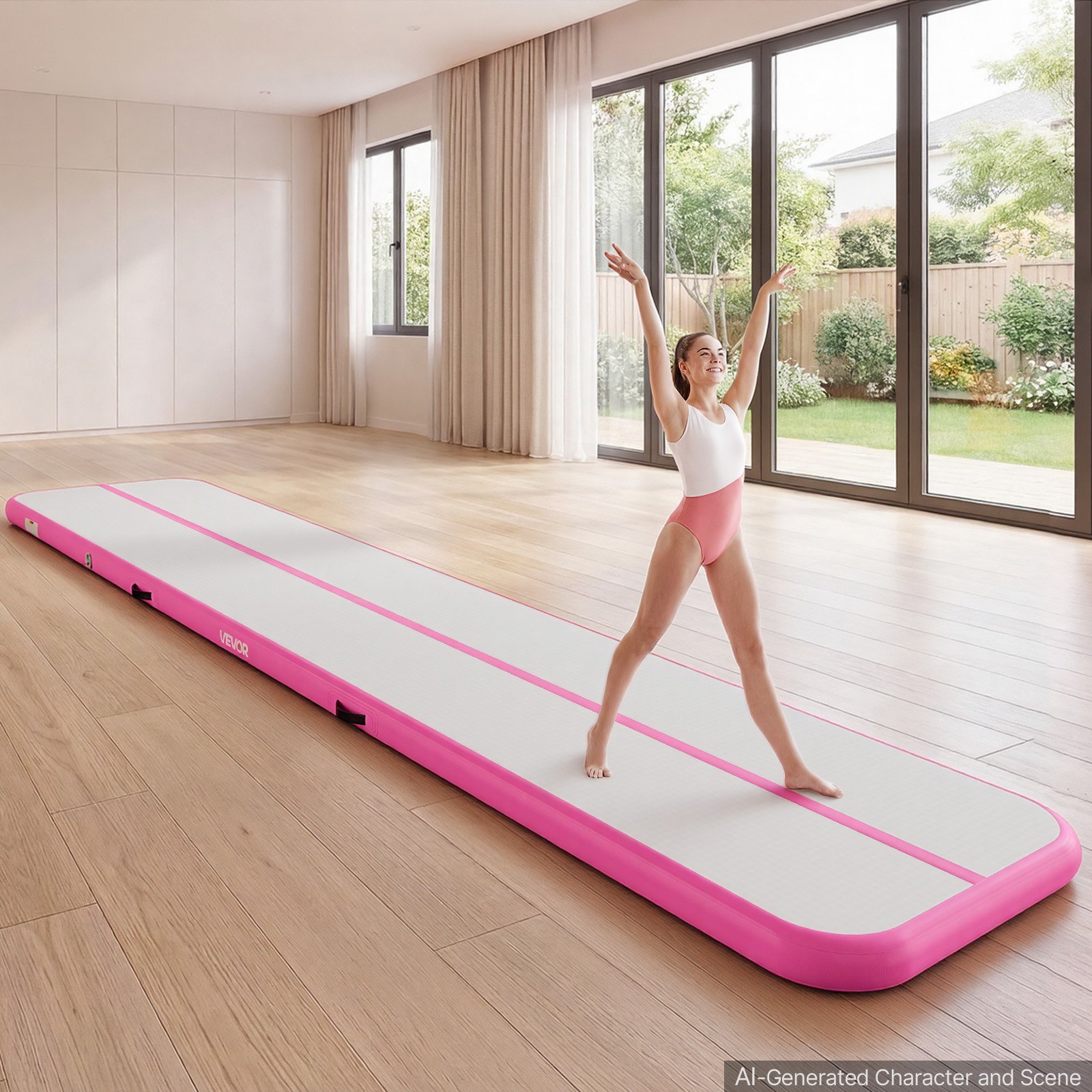 VEVOR Opblaasbare gymnastiekmat 500x100x10 cm Airtrack gymnastiekmat voor training, wedstrijdsporten en yoga, met antislipoppervlak, 600W elektrische luchtpomp, reparatiepatch, mondstukken en tas, roze