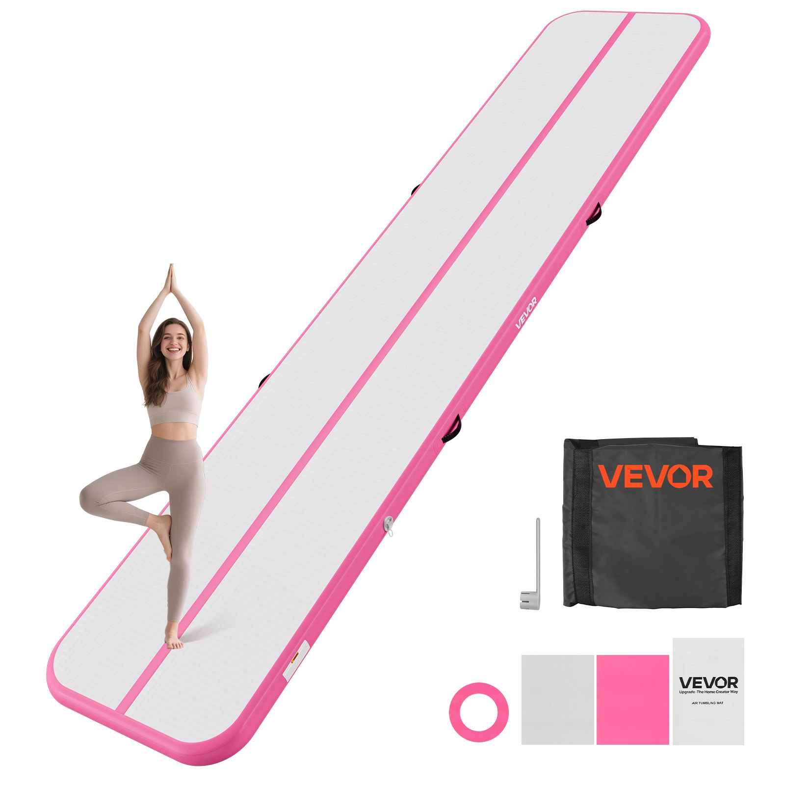 VEVOR Opblaasbare gymnastiekmat 500x100x10 cm Airtrack gymnastiekmat voor training, wedstrijdsporten en yoga, met antislipoppervlak, 600W elektrische luchtpomp, reparatiepatch, mondstukken en tas, roze