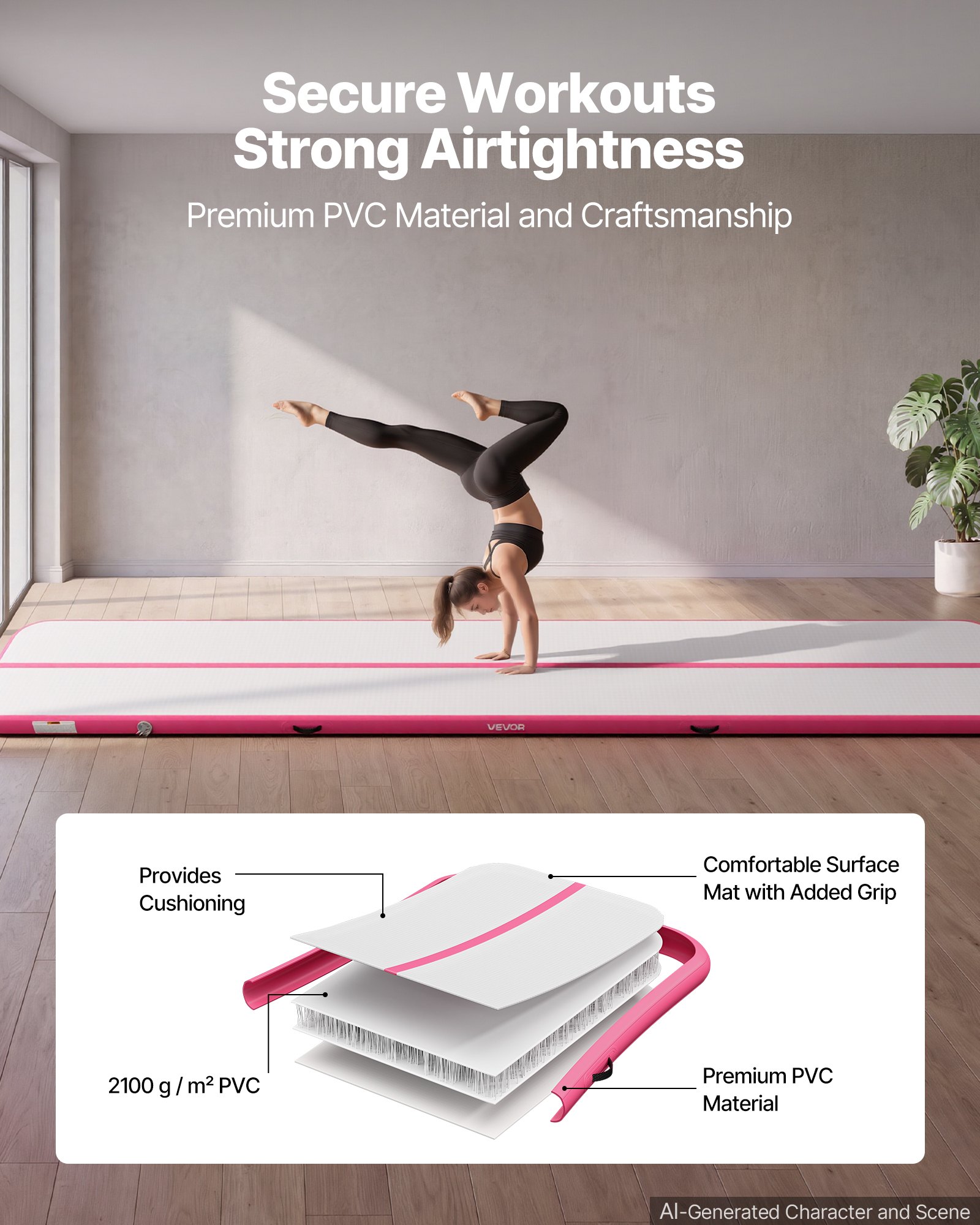 VEVOR Opblaasbare gymnastiekmat 600x100x10 cm Airtrack gymnastiekmat voor training, wedstrijden en yoga, met antislipoppervlak, 600W elektrische luchtpomp, reparatiepatch, mondstukken en tas, roze