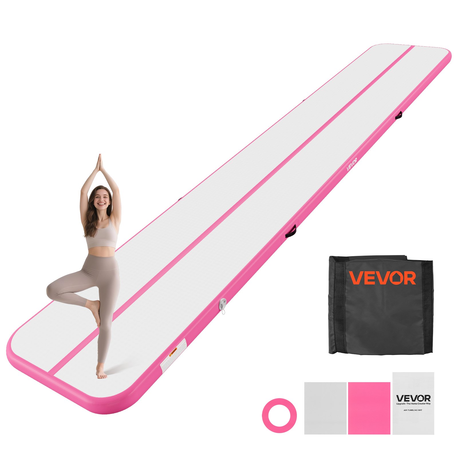 VEVOR Opblaasbare gymnastiekmat 600x100x10 cm Airtrack gymnastiekmat voor training, wedstrijden en yoga, met antislipoppervlak, 600W elektrische luchtpomp, reparatiepatch, mondstukken en tas, roze