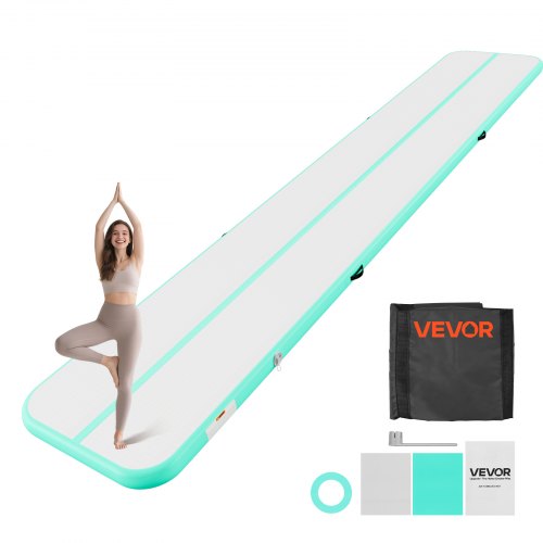 VEVOR Opblaasbare gymnastiekmat 600x100x10 cm Airtrack gymnastiekmat voor training, wedstrijdsporten en yoga, met antislipoppervlak, 600W elektrische luchtpomp, reparatiepatch, mondstukken en tas, mintgroen