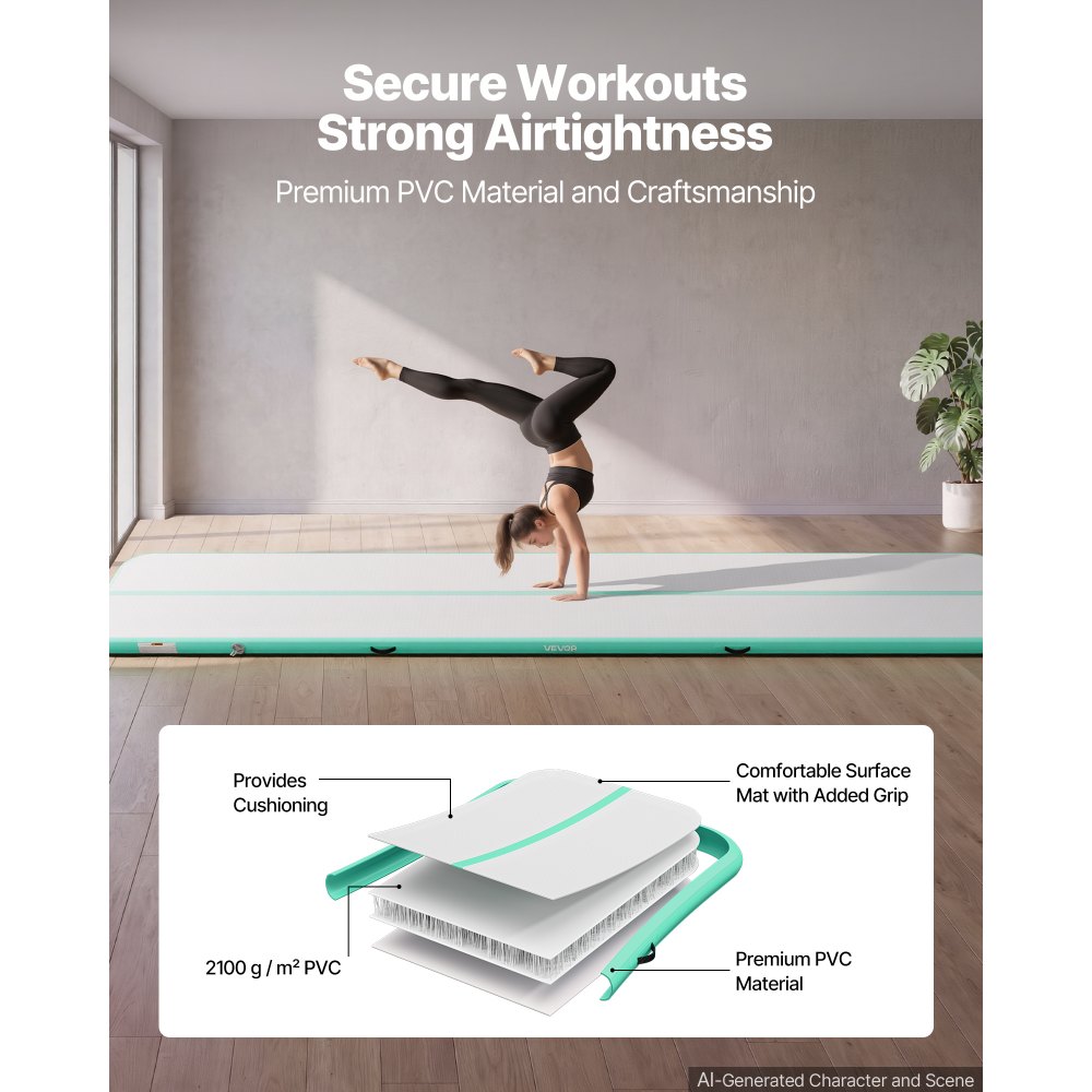 VEVOR Inflatable Gymnastics Air Mat 20 ft Training Mats w/ Electric Pump, 4 inches Thick Sturdy Tumble Track, Tumbling Mat for Home Use/Gym/Outdoor/Yoga/Cheerleading/Beach/Park/Water, Mint Green