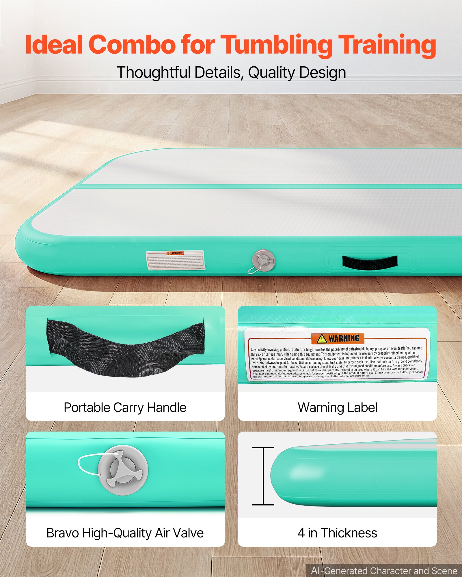 VEVOR Inflatable Gymnastics Air Mat 20 ft Training Mats w/ Electric Pump, 4 inches Thick Sturdy Tumble Track, Tumbling Mat for Home Use/Gym/Outdoor/Yoga/Cheerleading/Beach/Park/Water, Mint Green