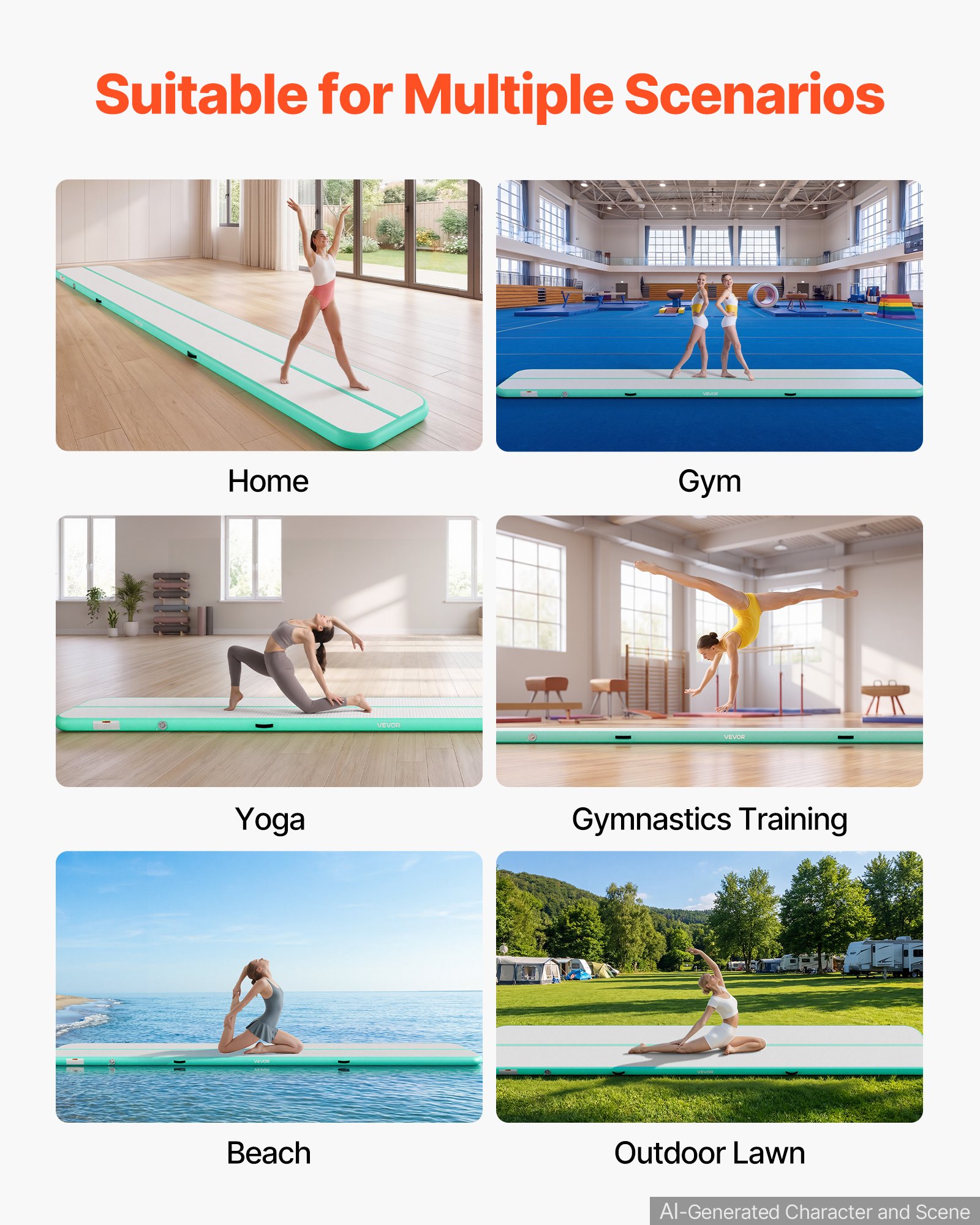 VEVOR Inflatable Gymnastics Air Mat 20 ft Training Mats w/ Electric Pump, 4 inches Thick Sturdy Tumble Track, Tumbling Mat for Home Use/Gym/Outdoor/Yoga/Cheerleading/Beach/Park/Water, Mint Green