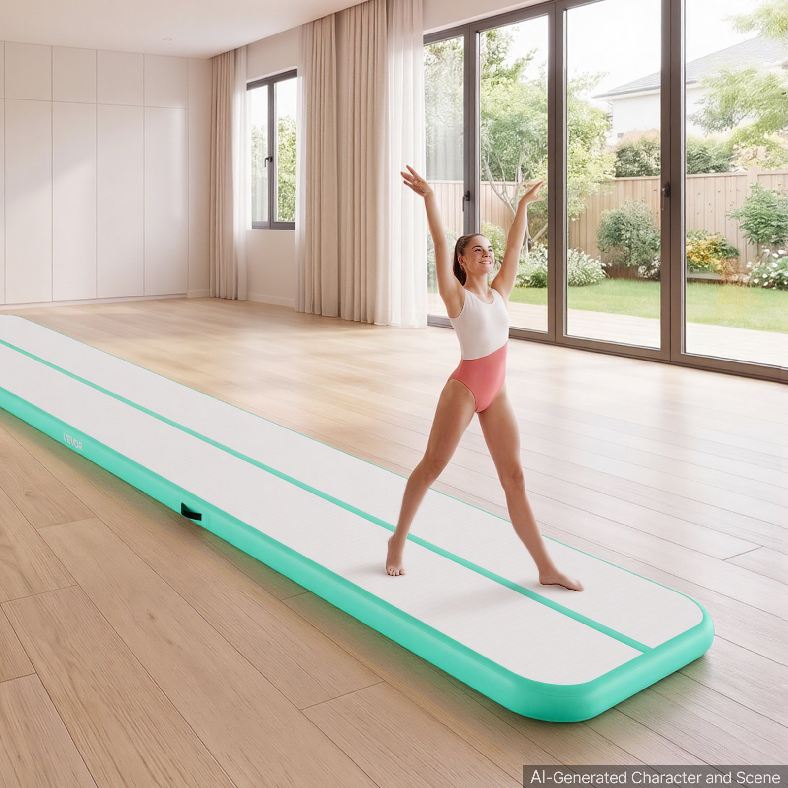 VEVOR Inflatable Gymnastics Air Mat 20 ft Training Mats w/ Electric Pump, 4 inches Thick Sturdy Tumble Track, Tumbling Mat for Home Use/Gym/Outdoor/Yoga/Cheerleading/Beach/Park/Water, Mint Green