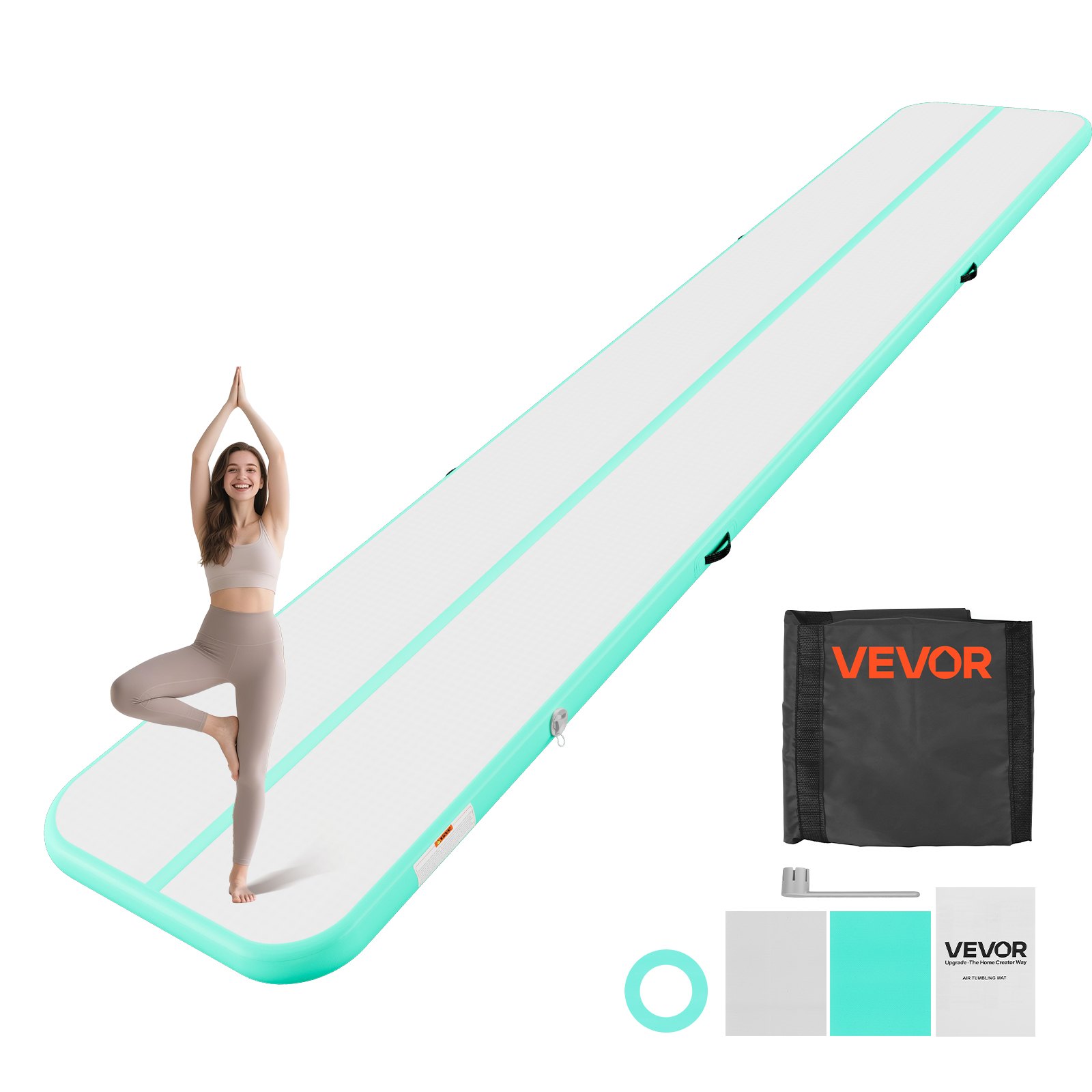 VEVOR Inflatable Gymnastics Air Mat 20 ft Training Mats w/ Electric Pump, 4 inches Thick Sturdy Tumble Track, Tumbling Mat for Home Use/Gym/Outdoor/Yoga/Cheerleading/Beach/Park/Water, Mint Green