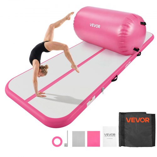 VEVOR Opblaasbare gymnastiekmatset 3 x 1 m gymnastiekmat met rol, roze, voor gym, buiten en yoga, 3,2 psi, versterkte naden, handgrepen, met 600W elektrische luchtpomp en opbergtas