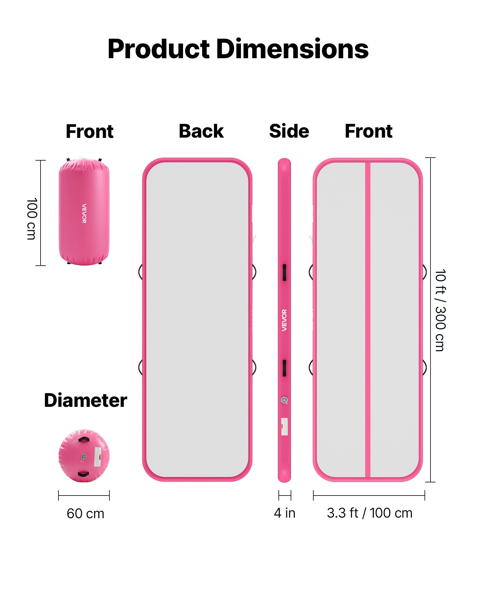 VEVOR Opblaasbare gymnastiekmatset 3 x 1 m gymnastiekmat met rol, roze, voor gym, buiten en yoga, 3,2 psi, versterkte naden, handgrepen, met 600W elektrische luchtpomp en opbergtas