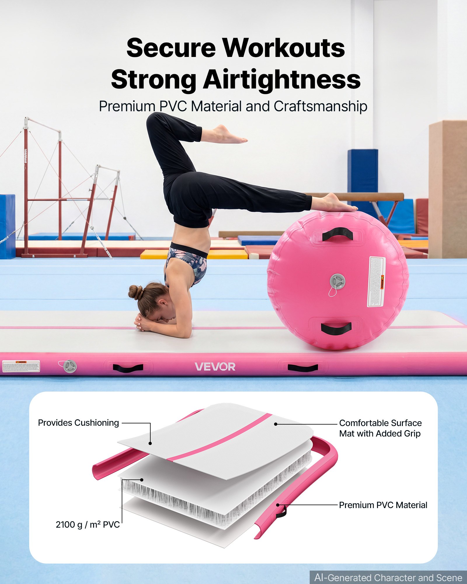 VEVOR Opblaasbare gymnastiekmatset 3 x 1 m gymnastiekmat met rol, roze, voor gym, buiten en yoga, 3,2 psi, versterkte naden, handgrepen, met 600W elektrische luchtpomp en opbergtas