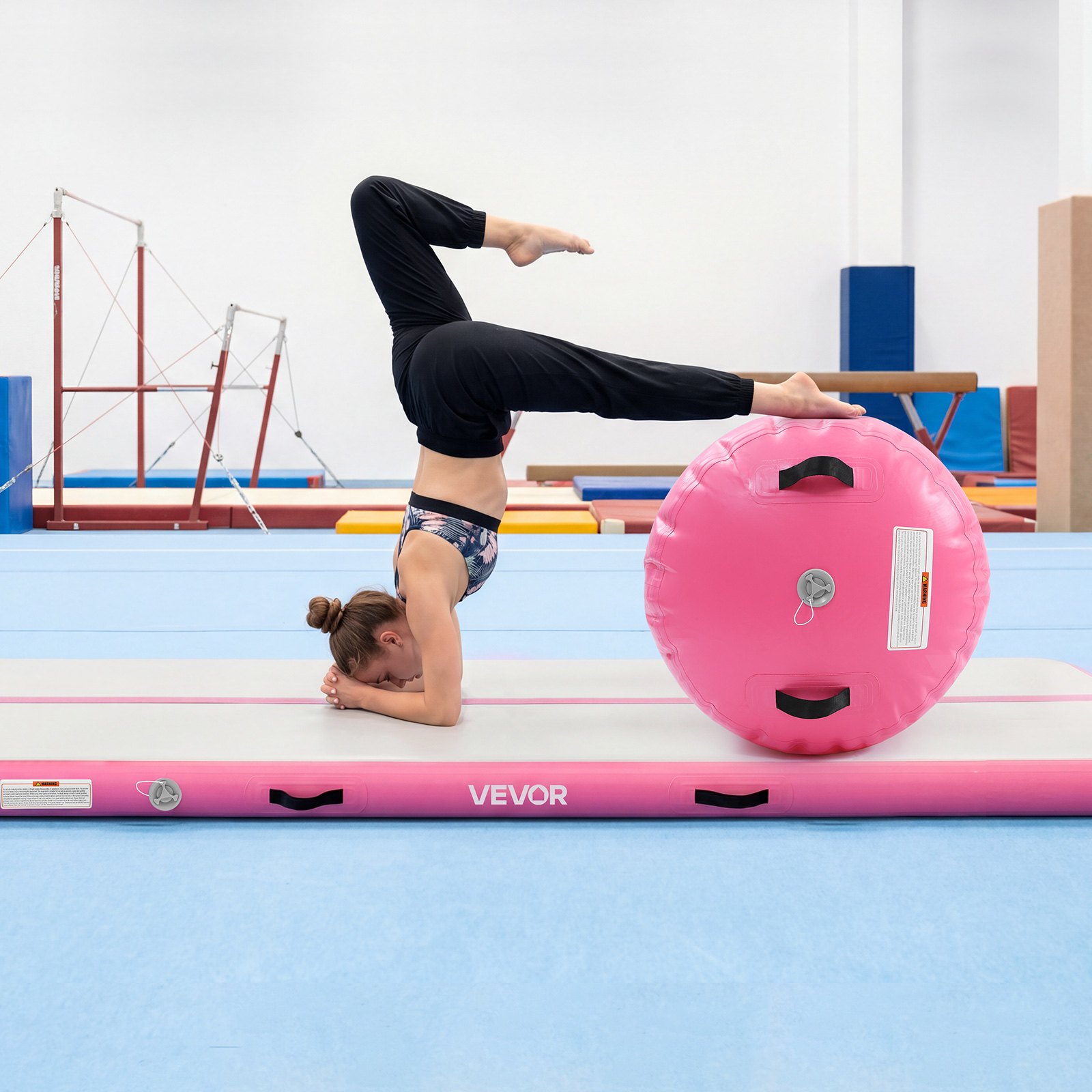 VEVOR Opblaasbare gymnastiekmatset 3 x 1 m gymnastiekmat met rol, roze, voor gym, buiten en yoga, 3,2 psi, versterkte naden, handgrepen, met 600W elektrische luchtpomp en opbergtas