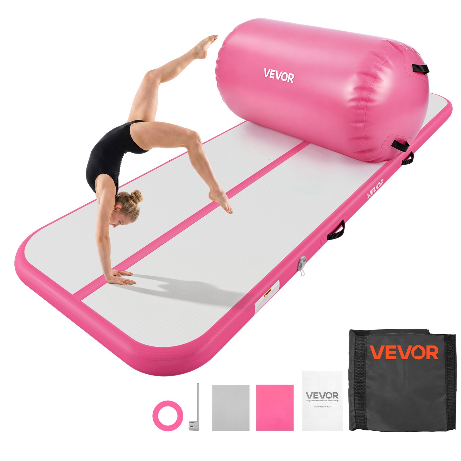 VEVOR Opblaasbare gymnastiekmatset 3 x 1 m gymnastiekmat met rol, roze, voor gym, buiten en yoga, 3,2 psi, versterkte naden, handgrepen, met 600W elektrische luchtpomp en opbergtas