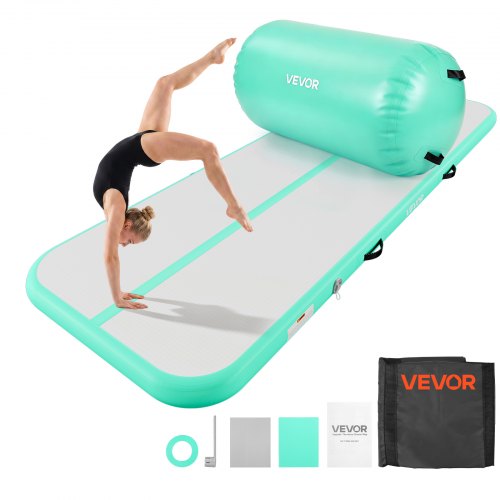 VEVOR Opblaasbare gymnastiekmatset 3 x 1 m Airtruck gymnastiekrol mintgroen voor gym, buiten en yoga, 3,2 psi, versterkte naden, handvatten, met 600W elektrische luchtpomp en opbergtas