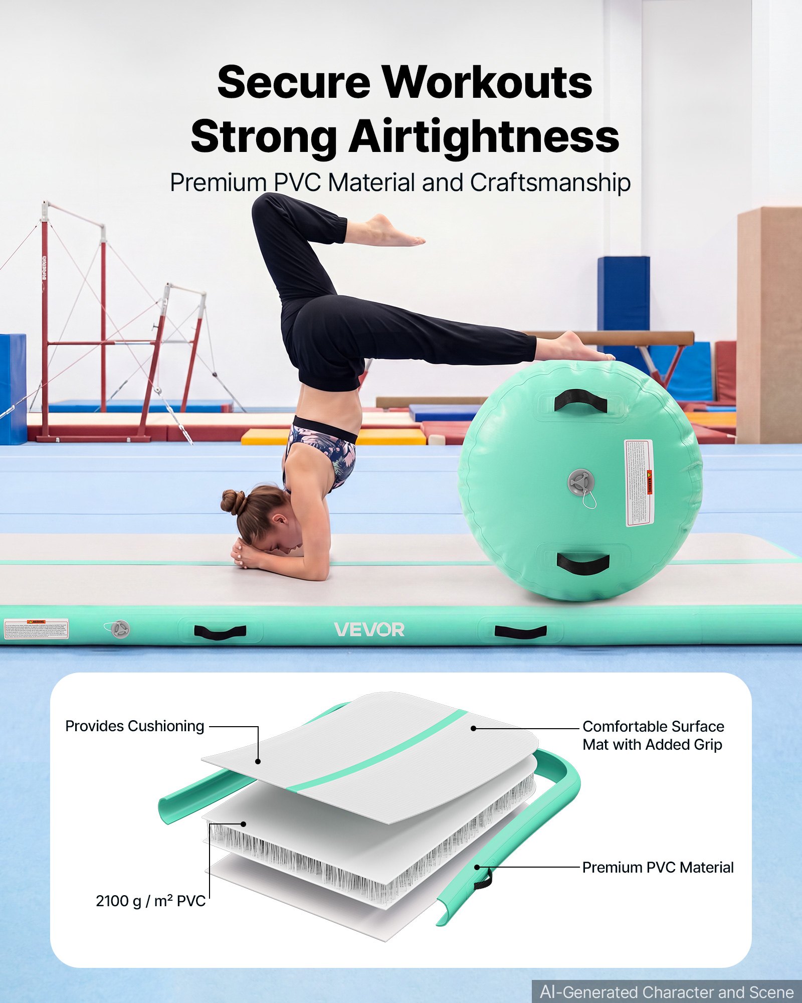 VEVOR Opblaasbare gymnastiekmatset 3 x 1 m Airtruck gymnastiekrol mintgroen voor gym, buiten en yoga, 3,2 psi, versterkte naden, handvatten, met 600W elektrische luchtpomp en opbergtas