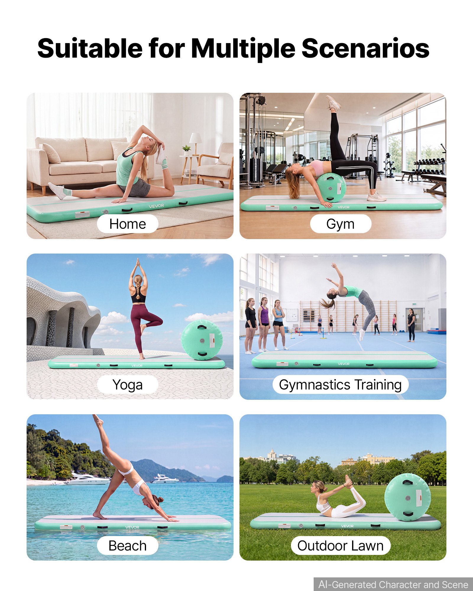 VEVOR Opblaasbare gymnastiekmatset 3 x 1 m Airtruck gymnastiekrol mintgroen voor gym, buiten en yoga, 3,2 psi, versterkte naden, handvatten, met 600W elektrische luchtpomp en opbergtas