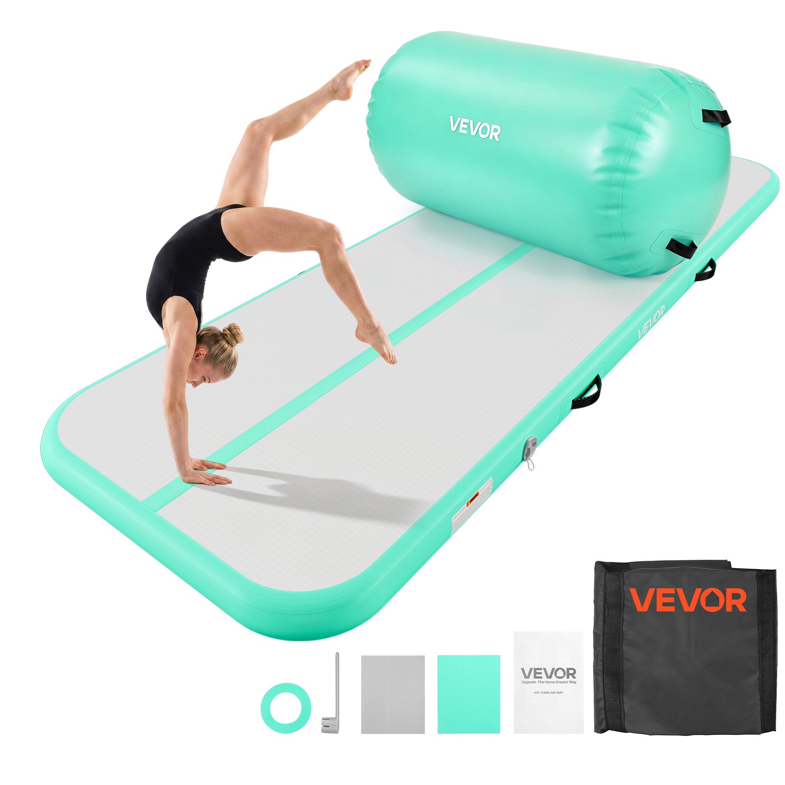 VEVOR Opblaasbare gymnastiekmatset 3 x 1 m Airtruck gymnastiekrol mintgroen voor gym, buiten en yoga, 3,2 psi, versterkte naden, handvatten, met 600W elektrische luchtpomp en opbergtas