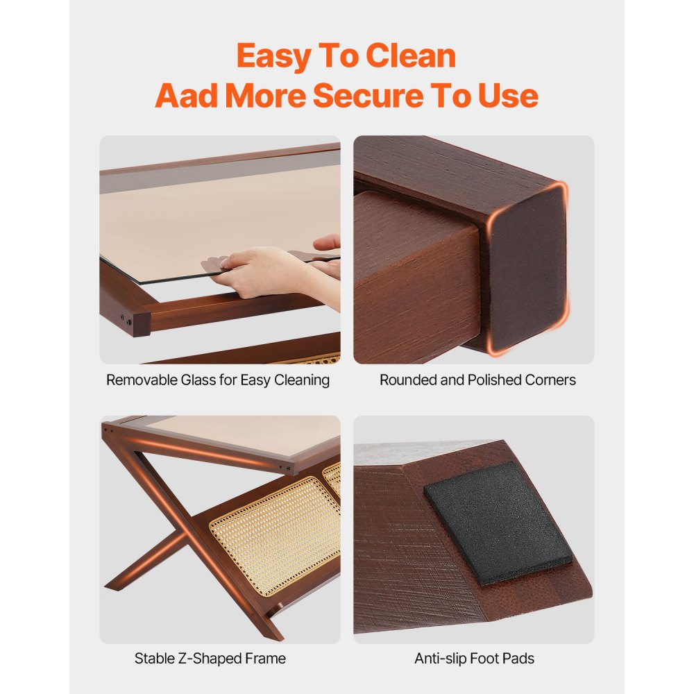 VEVOR rotan salontafel Z-vormige gevlochten bamboe rotan salontafel met gehard glazen blad, 120 cm moderne boho salontafel met opbergruimte en poten van natuurlijk hout Woonkamer