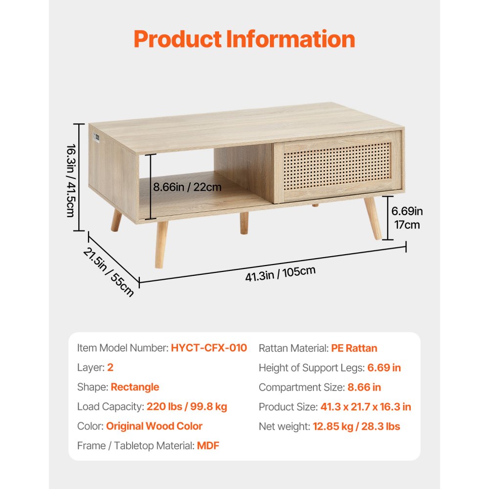 VEVOR Rattan Coffee Table, Mid Century Modern Coffee Table, Rectangle Wood Coffee Table, 42 Inch Modern Boho Style Two Layers Storage Coffee Table, for Living Room, Bedroom & Small Spaces