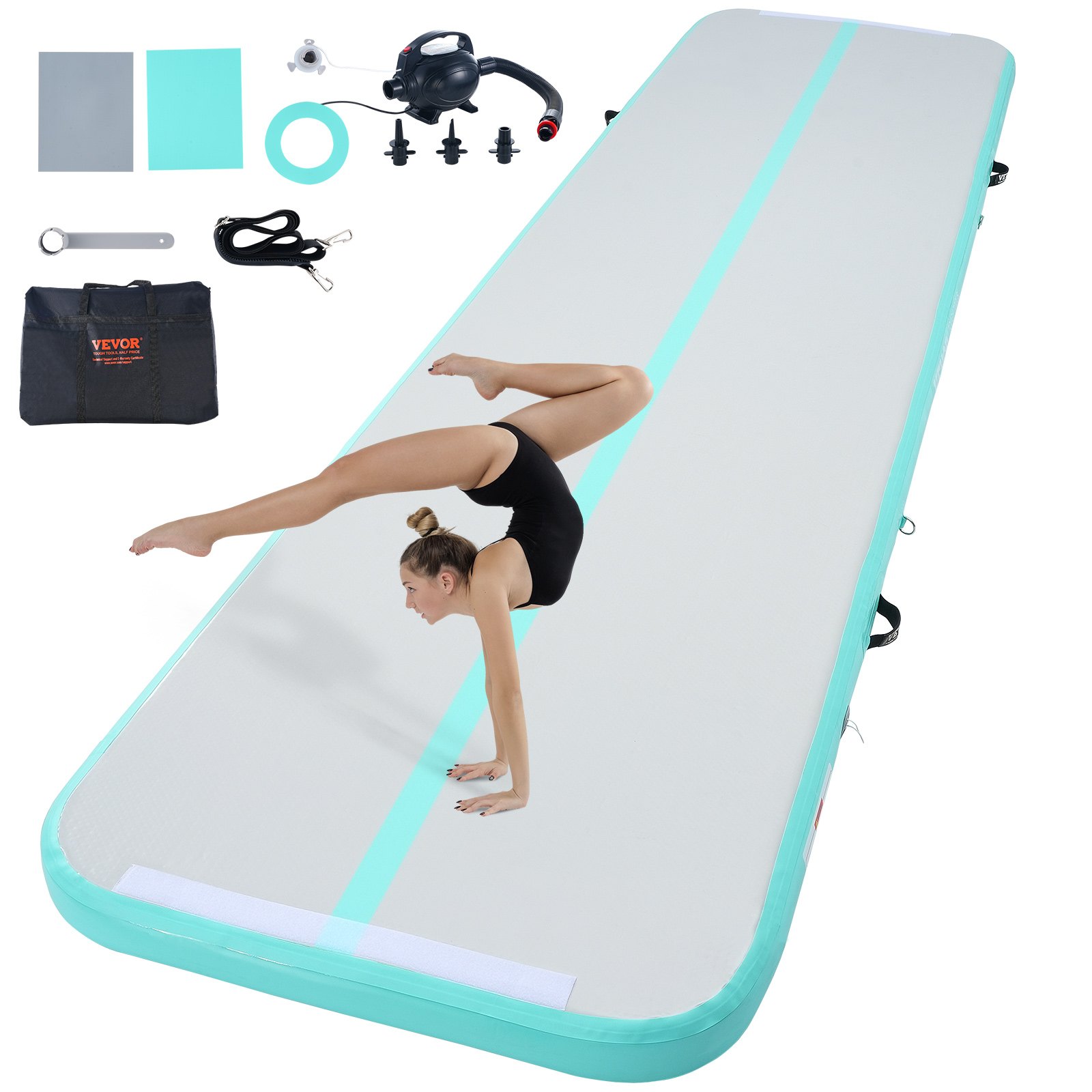 VEVOR Gymnastiek Luchtmat 10 cm Dik Opblaasbare Gymnastiek Tumbling Mat, Tumblingbaan met Elektrische Pomp, Trainingsmatten voor Thuisgebruik/Gym/Yoga/Cheerleading/Strand/Parkgroen