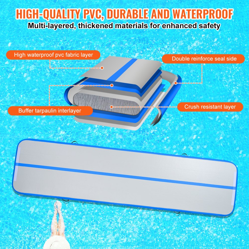 VEVOR Gymnastiek Luchtmat Opblaasbare Gymnastiek Tumbling Mat, Tumblingbaan met Elektrische Pomp, 398 x 101 x 10 cm Trainingsmatten voor Thuisgebruik/Gym/Yoga/Cheerleading Blauw
